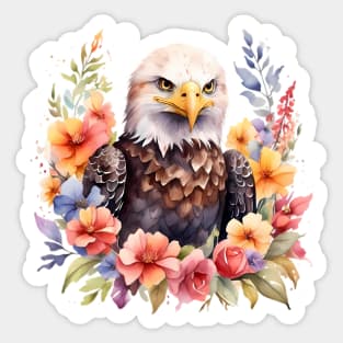 A bald eagle decorated with beautiful watercolor flowers Sticker